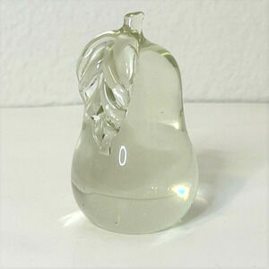 Vintage Clear Glass Pear Paperweight 3.75 Inch Solid Art Glass Figurine 1980s